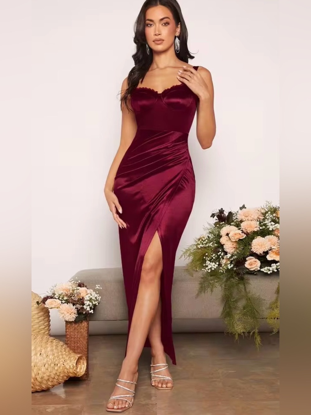 SHEIN Wine Satin Ruched Sweetheart Maxi Dress with High Slit